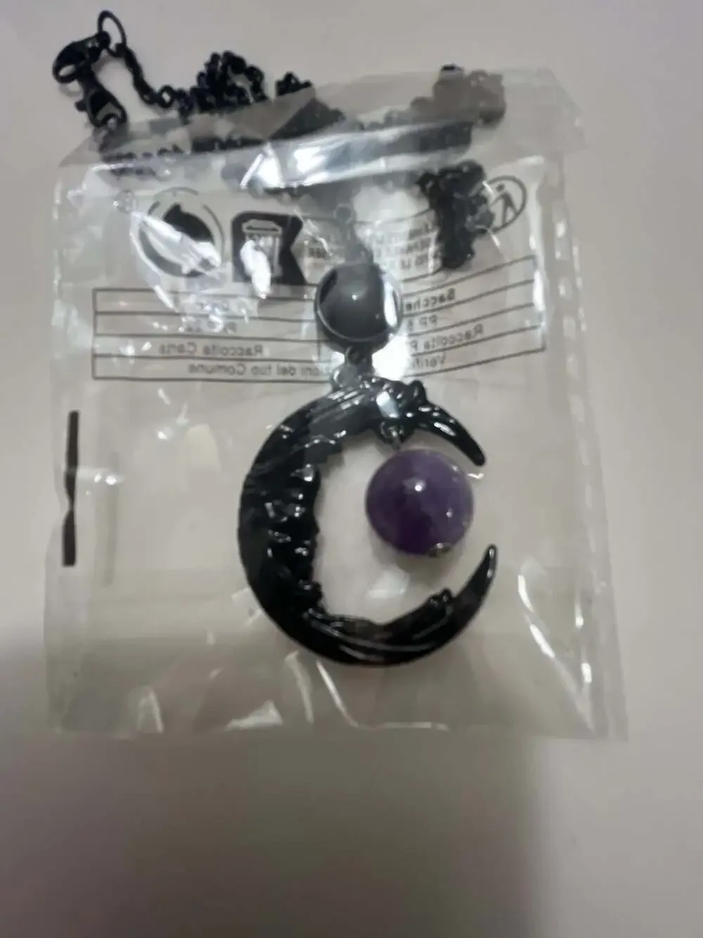 Gothic Black Crescent Moon Pendant Necklace with Purple Bead